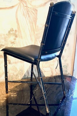 Jacques Adnet pair of black hand stitched leather pair of chairs