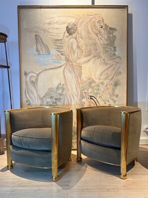 Paul Follot attributed pair of rare gold leaf barrel chairs