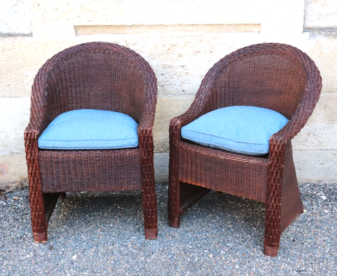 Pierre Chareau style early brown rattan art and craft pair of chairs