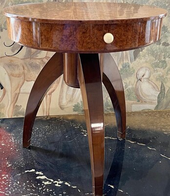 Ruhlmann style art deco refined burl tripod coffee table
