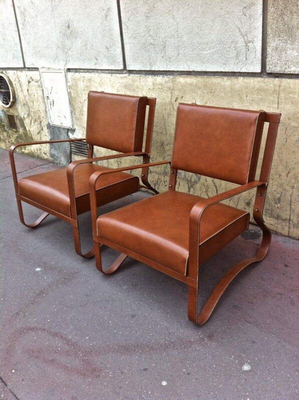 Jacques Adnet Pair Lounge Chairs in Hand-Stitched Leather