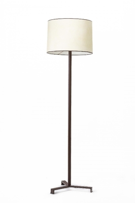 Jacques Adnet pair of tripod black hand leather standing lamps