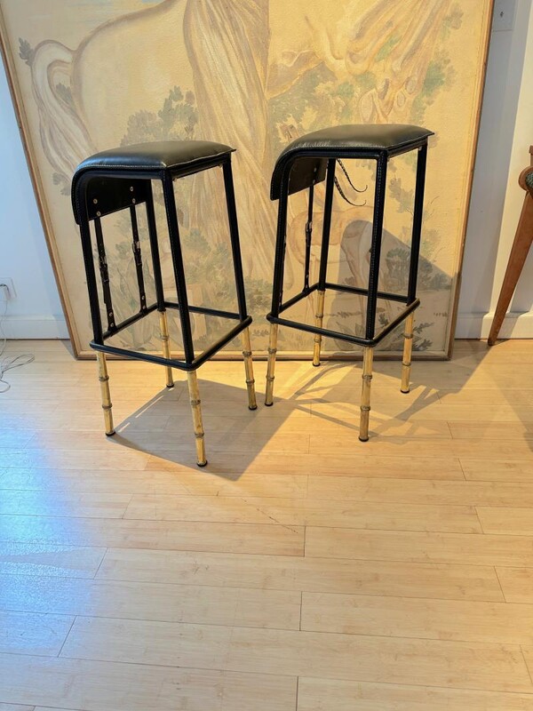 Jacques Adnet rarest set of 2 hand stitched barstools