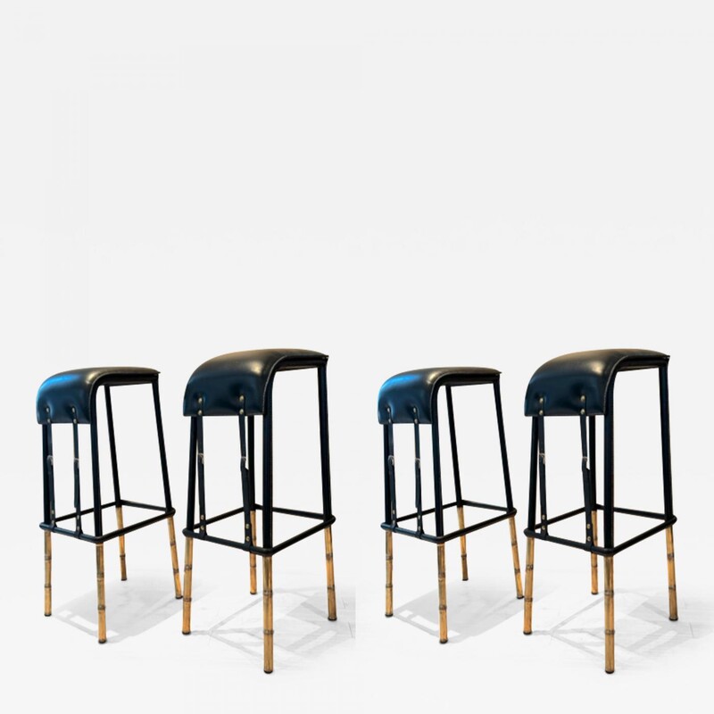 Jacques Adnet rarest set of 2 hand stitched barstools