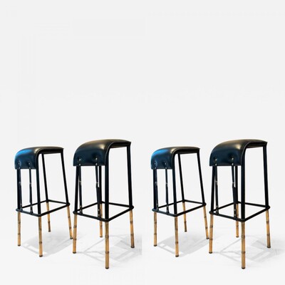 Jacques Adnet rarest set of 2 hand stitched barstools