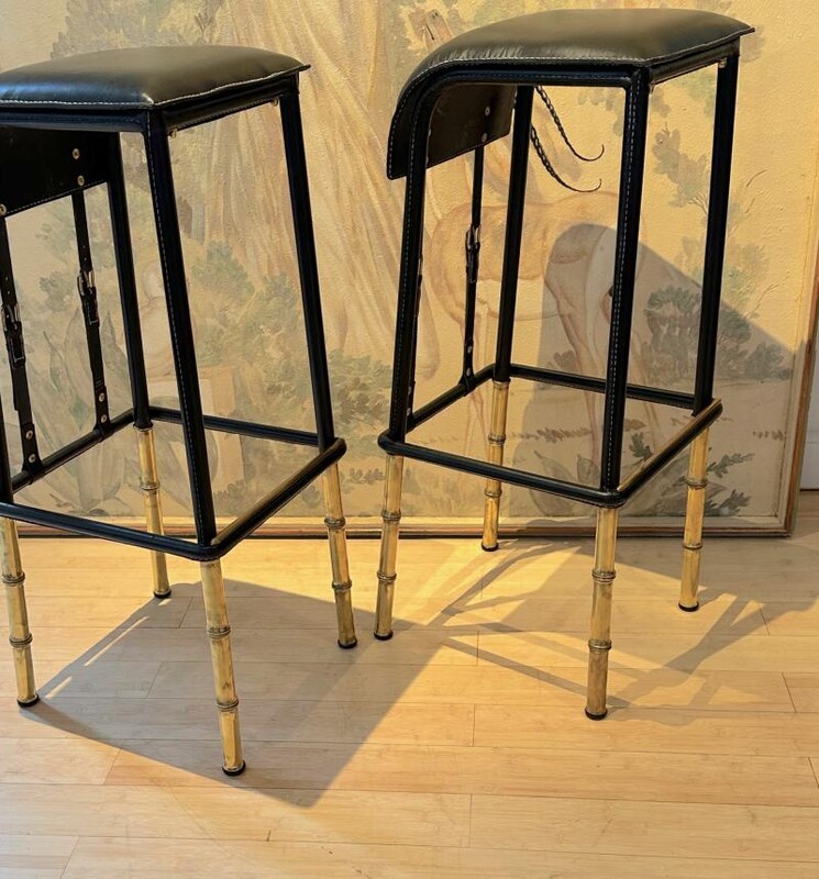 Jacques Adnet rarest set of 2 hand stitched barstools