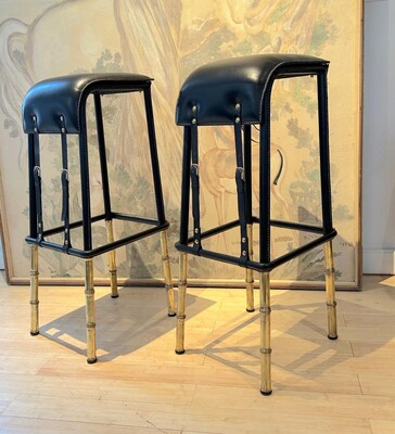 Jacques Adnet rarest set of 2 hand stitched barstools