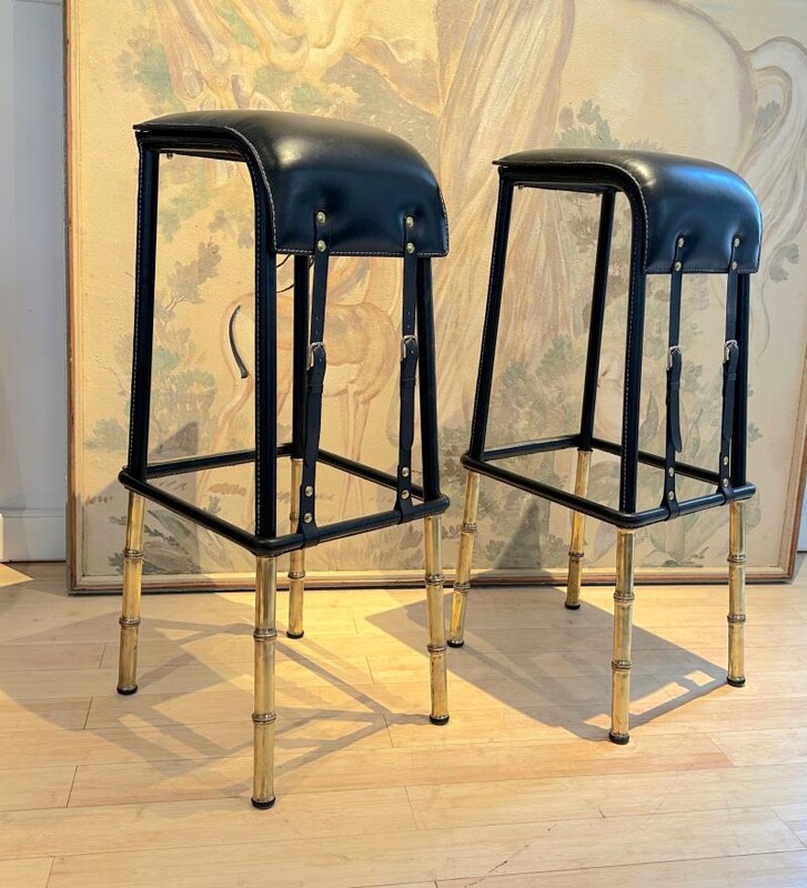 Jacques Adnet rarest set of 2 hand stitched barstools