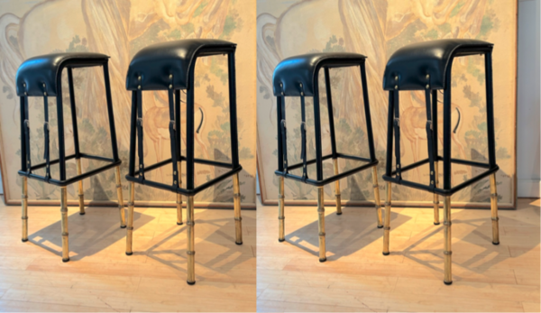 Jacques Adnet rarest set of 4 hand stitched barstools