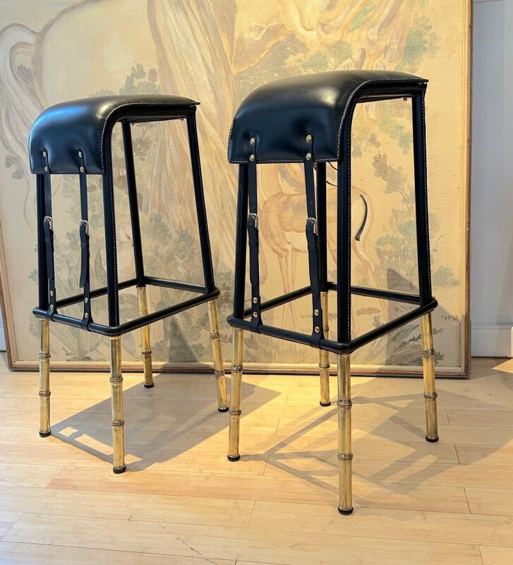 Jacques Adnet rarest set of 4 hand stitched barstools