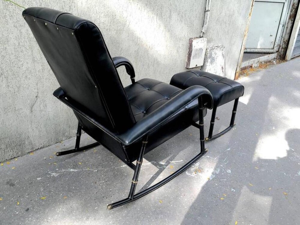 Jacques Adnet Rocking Chair and Footstool in Black