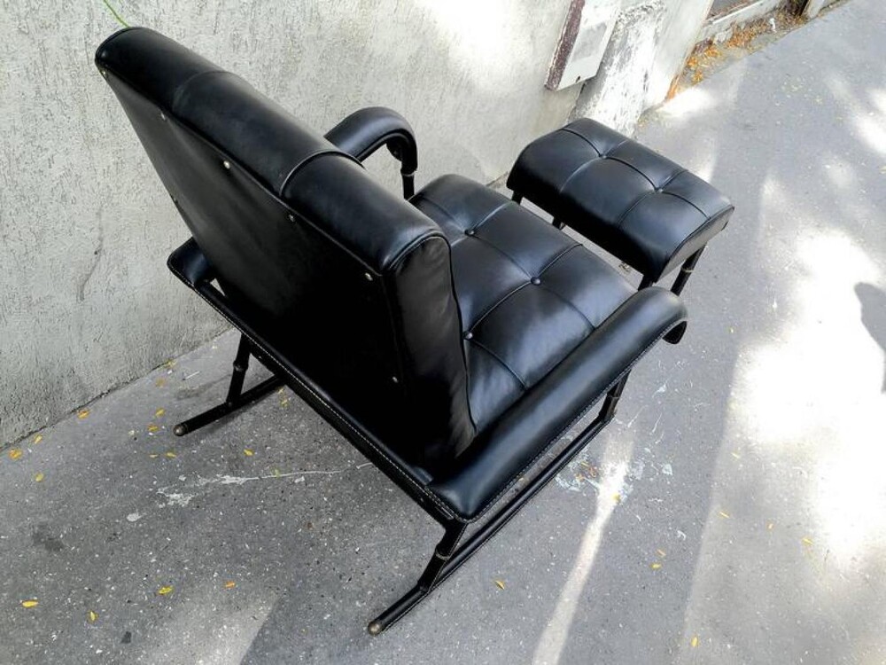 Jacques Adnet Rocking Chair and Footstool in Black