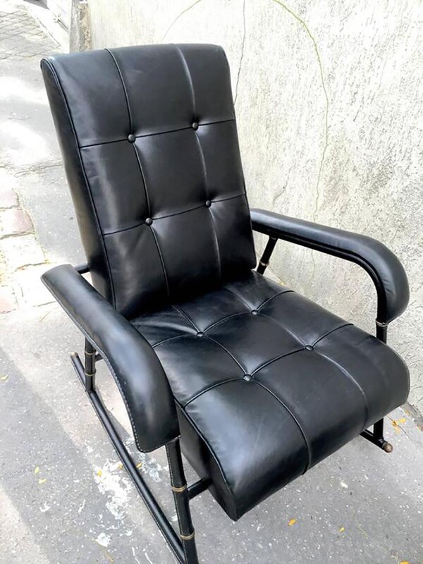 Jacques Adnet Rocking Chair and Footstool in Black