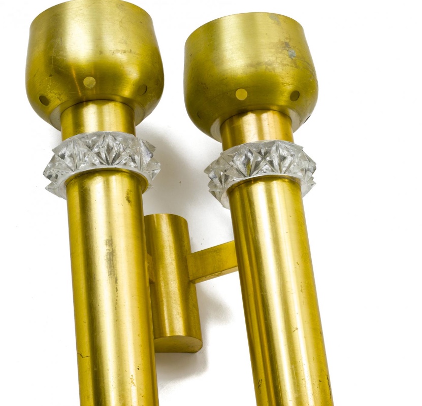 Jean Perzel pair of 2 light gold sconces with glass adorn