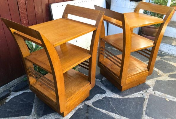 Jean Royère Pair of Two-Tier Bedsides or Side Tables in Oak