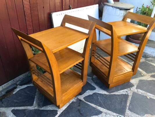 Jean Royère Pair of Two-Tier Bedsides or Side Tables in Oak