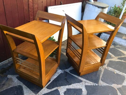 Jean Royère Pair of Two-Tier Bedsides or Side Tables in Oak