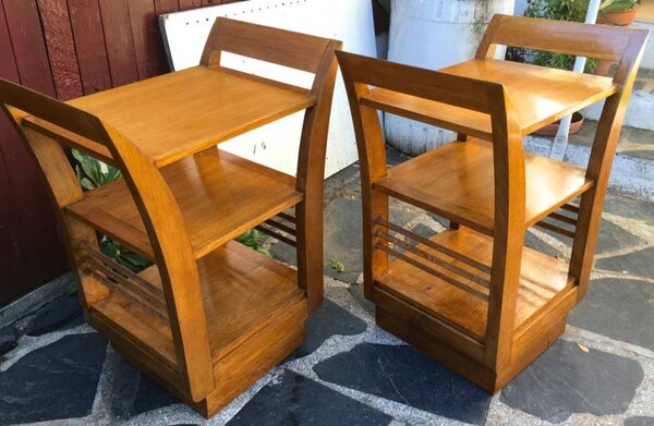 Jean Royère Pair of Two-Tier Bedsides or Side Tables in Oak