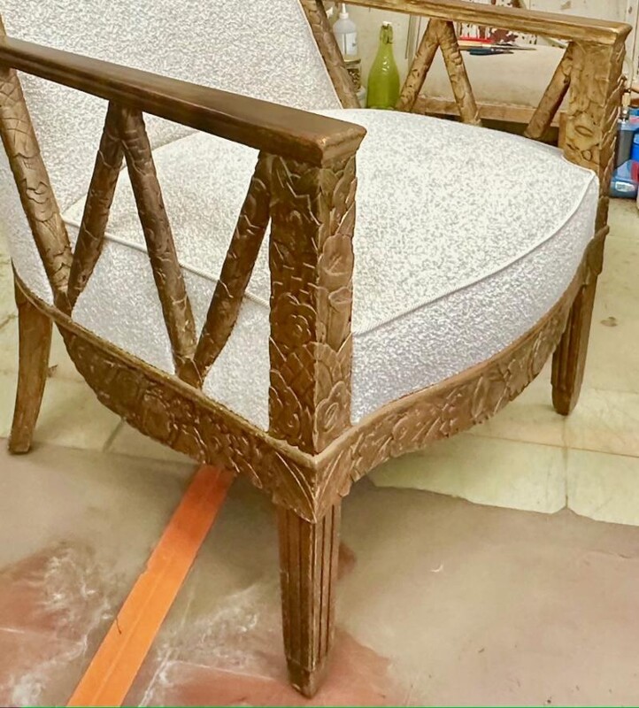 Maurice Dufrene stunning fully carved gold leaf pair of chairs